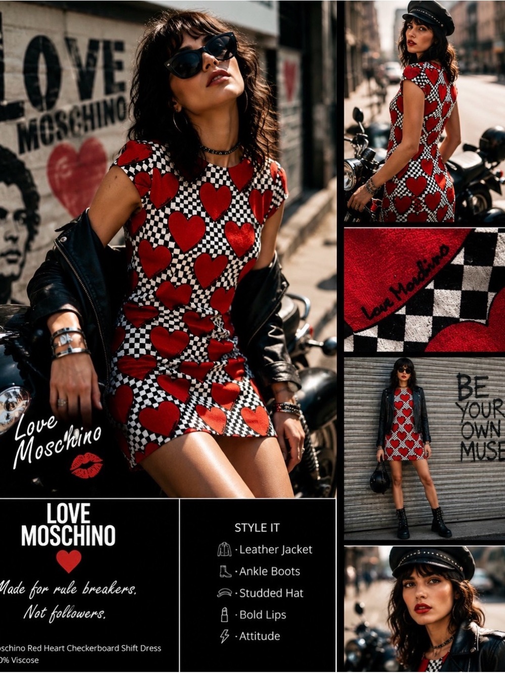 Moschino Red Heart Checkerboard Shift Dress Size 4 Pockets